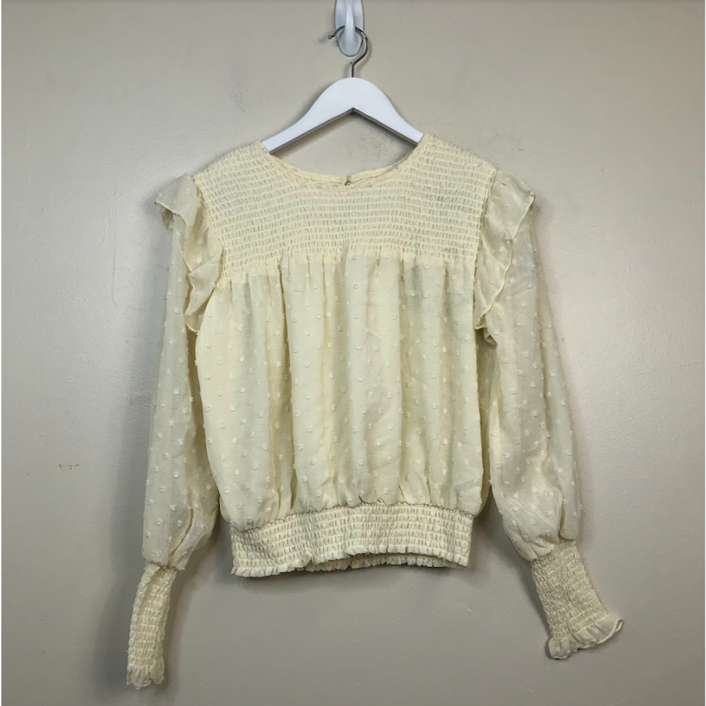 Q + A Women's Clip-Dot Smocked Long Ruffled Sleeve Blouse Top White M, $59 NWT